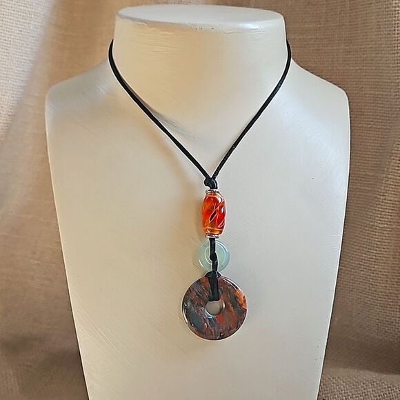 Natural Stone Donut & Carved Glass  Pendant Cord Necklace - Picture 1 of 8